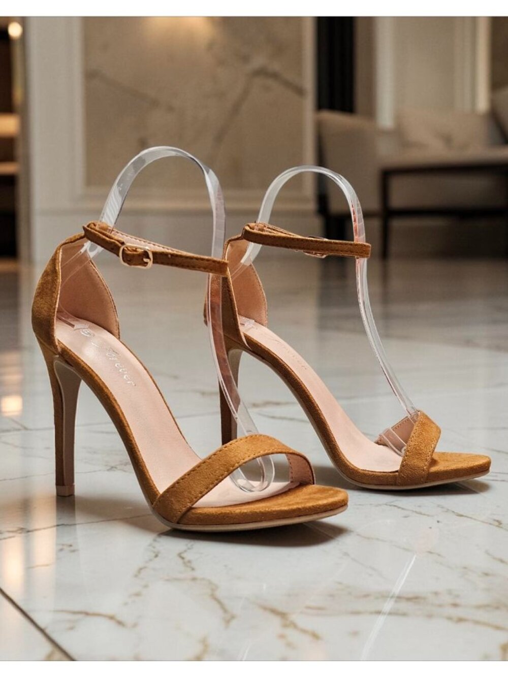 Tan Faux Suede Ankle Strap High Heel Sandals For Women - Picture 8 of 14